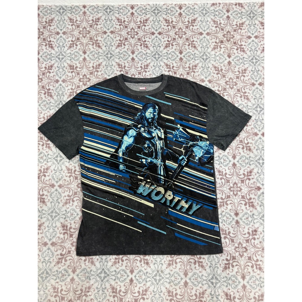 Marvel Thor Worthy Graphic T-Shirt Mens Medium Gray Acid Wash Avengers Tee